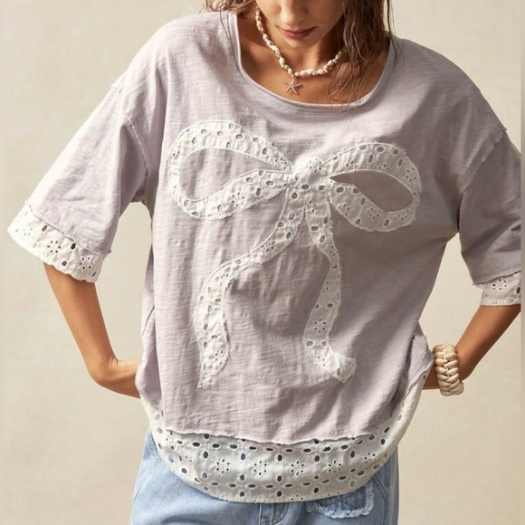 Halo & Harley Tops - Women's Lace Bow Top - Light Gray